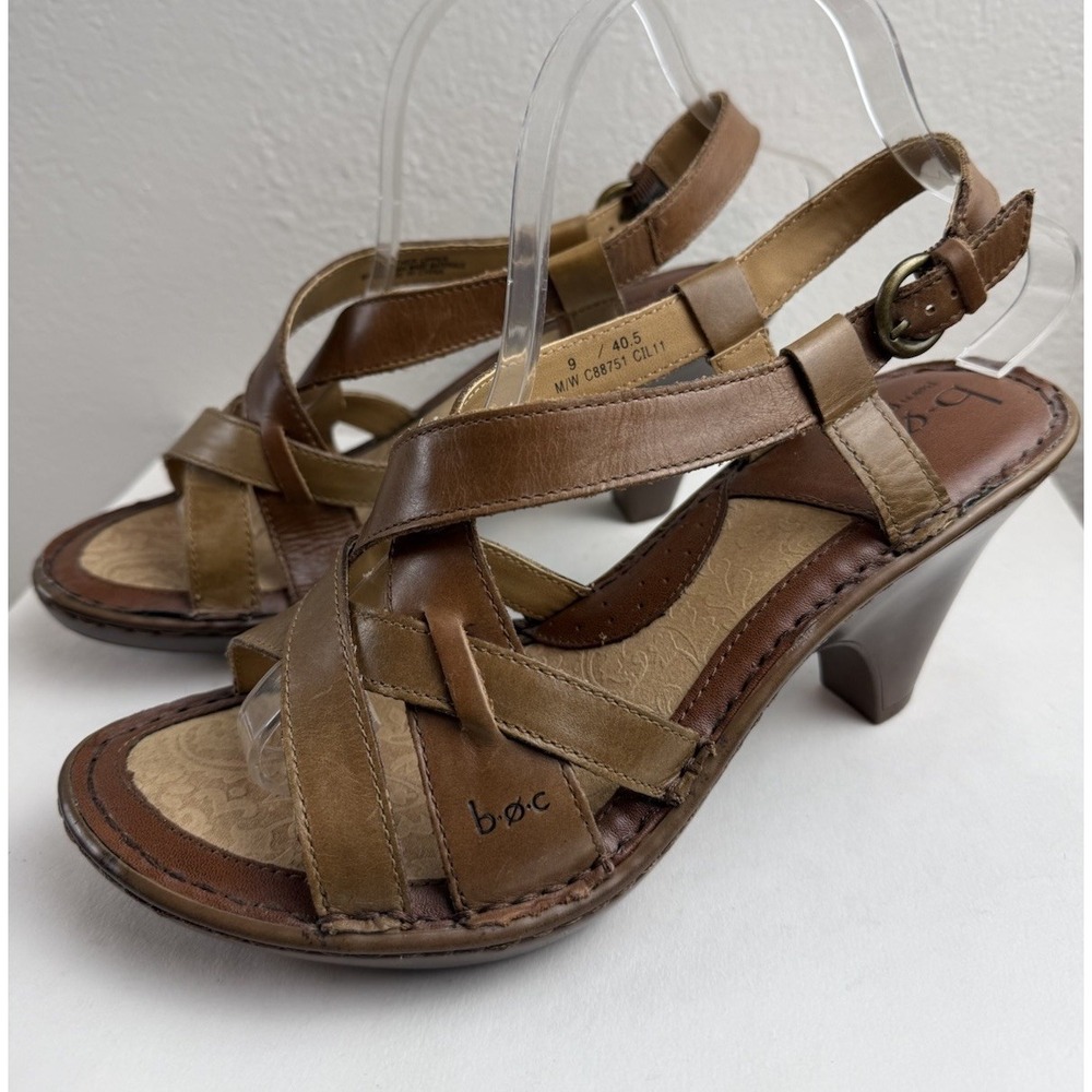 Boc Born Concept Brown Leather Floral Embossed Strappy Cone Heel Sandal Size-9